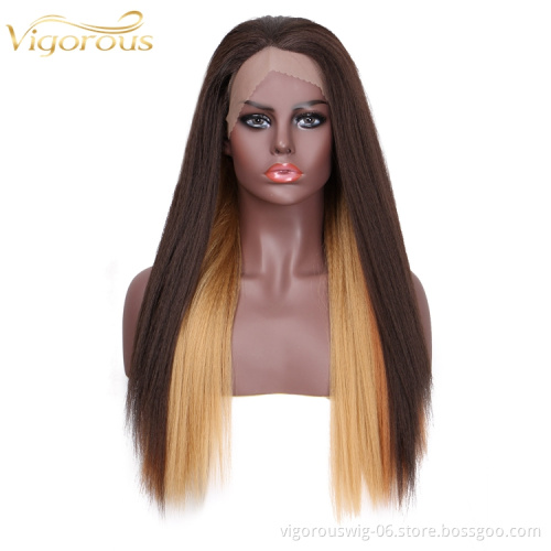 High Quality Straight Long Fake Scalp Coloured Ombre Ginger Fiber Blend Blonde Cheap Lace Front Synthetic Hair Wigs